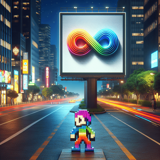 street ad billboard with the FRVR logo (multi-color infinte sign with right loop bigger than the left one) about the "Endless Runner Contest".
high definition video game sprite