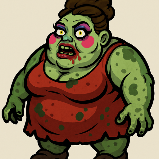 boss zombie şişko kadın makyajlı.
In-Game asset.  2d.  High contrast.  No shadows