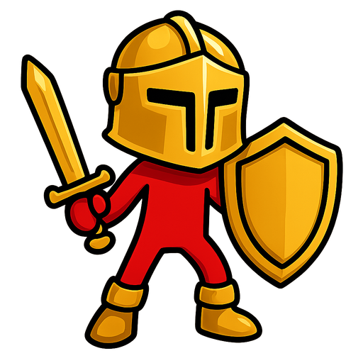 Red stickman with a golden knight helmet, gold sword and gold shield and gold boots.
In-Game asset.  2d.  High contrast.  No shadows