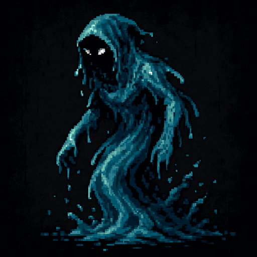Water spirit dark souls style 2d pixel art.
In-Game asset.  2d.  High contrast.  No shadows