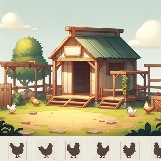 background chicken coop.
Single Game Texture. In-Game asset. 2d. Blank background. High contrast. No shadows.