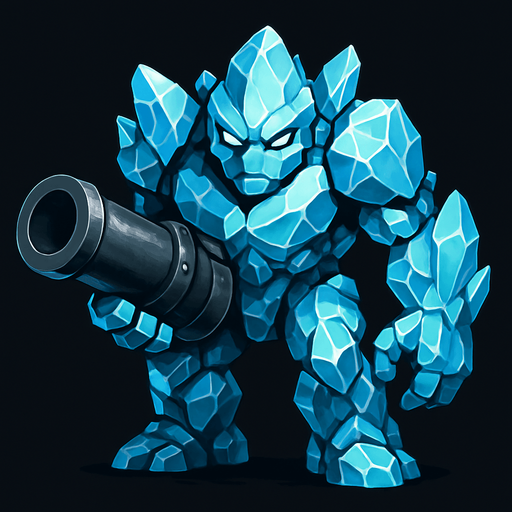 un golem de cristal muy realista con un cañon en la mano.
In-Game asset.  2d.  High contrast.  No shadows