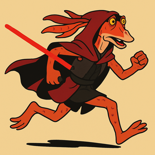 Running Sith jar-jar binks in ghibli style.
In-Game asset.  2d.  High contrast.  No shadows