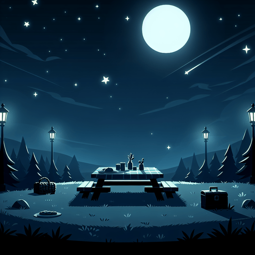 picnic bg in a night sky.
Single Game Texture.  In-Game asset.  2d.  Blank background.  High contrast.  No shadows