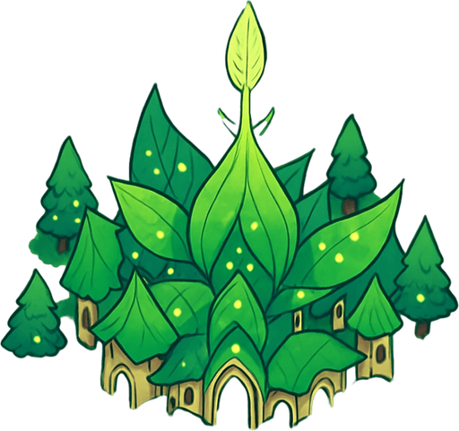 image top down hutan pinus luas yang ditengahnya terdapat kerajaan peri daun. 2d anime.
In-Game asset.  2d.  High contrast.  No shadows