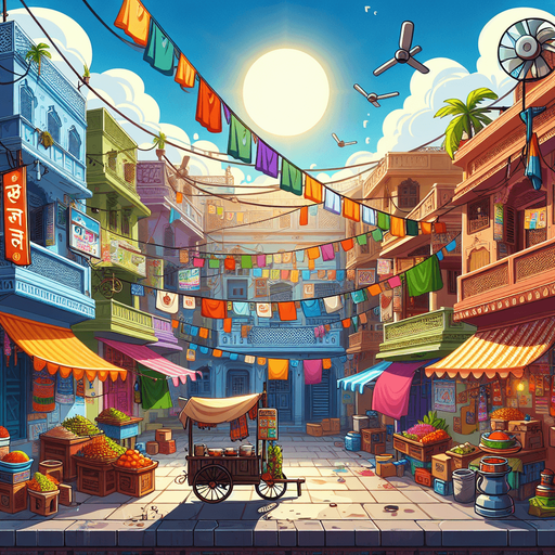 Create 2D cartoon-style Indian street buildings for a side-scrolling background. Include colorful shops with Hindi signboards, tea stalls, fruit carts, clotheslines with hanging clothes, and balconies with flower pots. Add hanging wires, fans, and posters on the walls for detail. Style should be vibrant, humorous, and full of character, matching a fun endless runner game..fore ground sky with sun
Single Game Texture.  In-Game asset.  2d.  Blank background.  High contrast.  No shadows