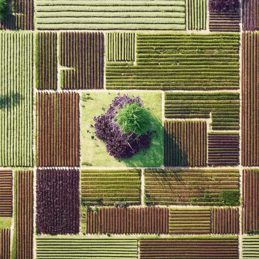 The same image, but in a lush green setting, where grass is growing in all the fields.