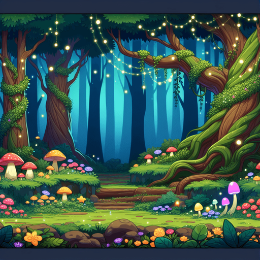 Enchanted forest.
Single Game Texture. In-Game asset. 2d. Blank background. High contrast. No shadows.