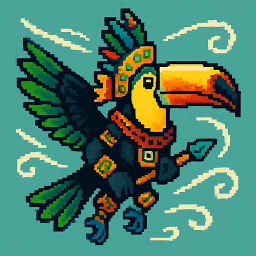 Generame un guerrero azteca con patrones, estilo pixelar, además será Tucán toco , unidad voladora con alas, con efectos de viento. Tiene que ser un animal..
In-Game asset.  2d.  High contrast.  No shadows