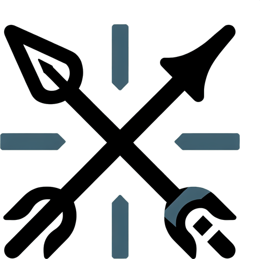 A symbol merging a sword and an arrow/bow, perhaps crossing each other with energy flowing between them..
Single Game Texture.  In-Game asset.  2d.  Blank background.  High contrast.  No shadows