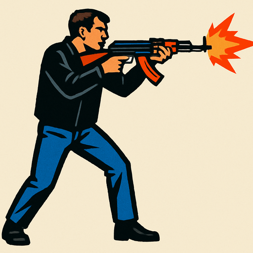 un hombre usando una chaqueta negra pantalones azules disparando un ak47.
In-Game asset.  2d.  High contrast.  No shadows con la perspectiva lateral de cuerpo completo