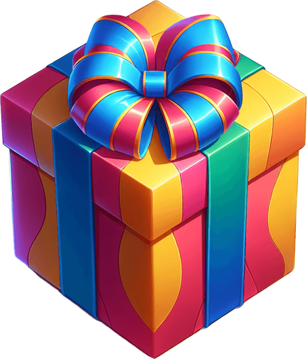 gift wrapped box, vivid colours. with bow on top Single Game Texture. In-Game asset. 2d. Blank background. High contrast. No shadows. Single Game Texture. In-Game asset. 2d. Blank background. High contrast. No shadows.