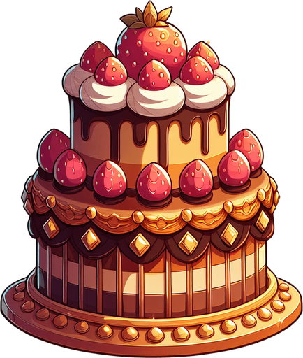 gâteau.
Single Game Texture.  In-Game asset.  2d.  Blank background.  High contrast.  No shadows