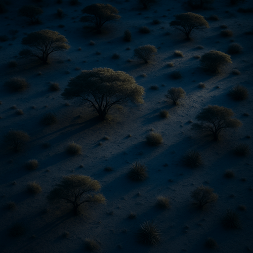 Photorealistic desert trees at night, bird view