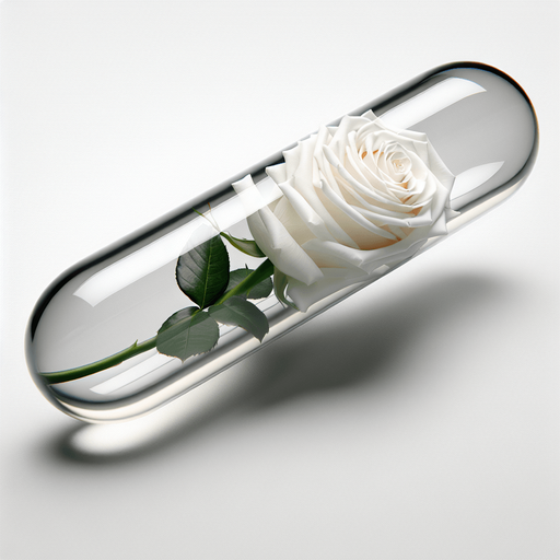 elegant white rose in a long transparent futuristic glass tube.