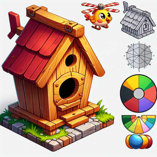 Make a cartoon-style birdhouse obstacle for a helicopter game. The birdhouse should have a wood texture, a circular hole, a tiny roof, and bright colors. Optionally add a little cartoon bird peeking out..
Single Game Texture.  In-Game asset.  2d.  Blank background.  High contrast.  No shadows