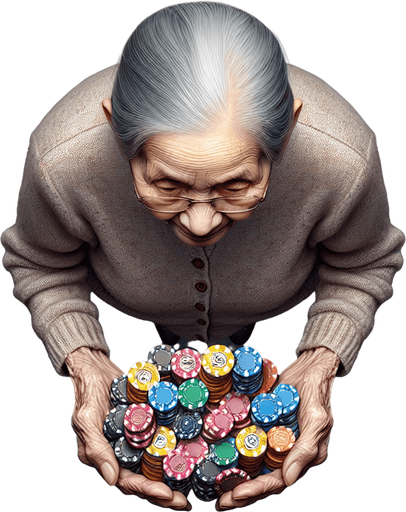 Top down image of an old lady carrying poker tokens. Single Game Texture. In-Game asset. 2d. Blank background. High contrast. No shadows.