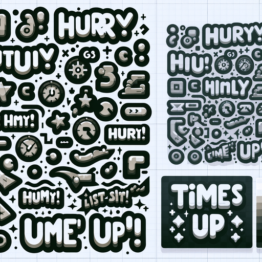 Multiple stylized texts with phrases that include “Hurry!” “Time’s up!” Cartoon style..
Single Game Texture. In-Game asset. 2d. Blank background. High contrast. No shadows.