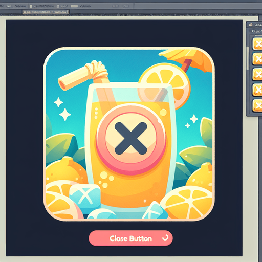 A close button for an ingame shop in a light, lemonade and drinks inspired summer theme. The close button should have an X-icon to indicate that it closes the shop window..
Single Game Texture. In-Game asset. 2d. Blank background. High contrast. No shadows.