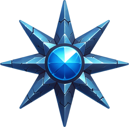 small star shape, vivid metallic blue, varying length spikes on star.
Single Game Texture. In-Game asset. 2d. Blank background. High contrast. No shadows.