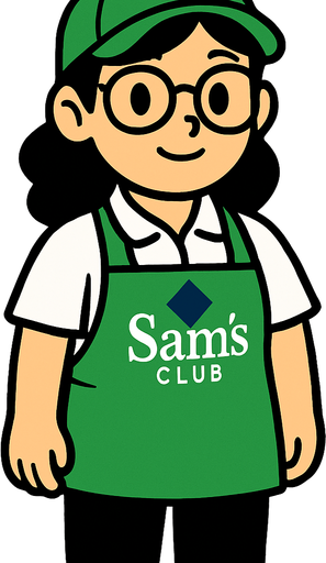 Es una trabajadora de sams club, tierna bonita de lentes con gorra verde y mandil verde, playera polo blanca y pantalon negro.
In-Game asset.  High contrast.  No shadows