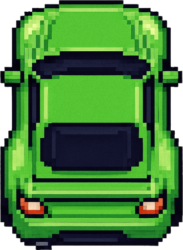 un auto verde deportivo con perspectiva desde arriba hecho con pixeles.
In-Game asset.  2d.  High contrast.  No shadows con perspectiva trasera