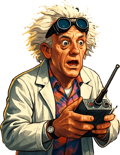 A realistic digital portrait of an eccentric elderly scientist with wild, white, frizzy hair and expressive eyebrows, wearing retro-futuristic goggles on his forehead, a white lab coat over a colorful 1980s shirt, and holding a futuristic remote control device. The background features a glowing DeLorean time machine with lightning and sparks. The character looks surprised and excited, with wide eyes and a dramatic pose. Cinematic lighting, hyper-detailed, 4K resolution, concept art style, inspired by 1980s sci-fi movies..
In-Game asset.  2d.  High contrast.  No shadows