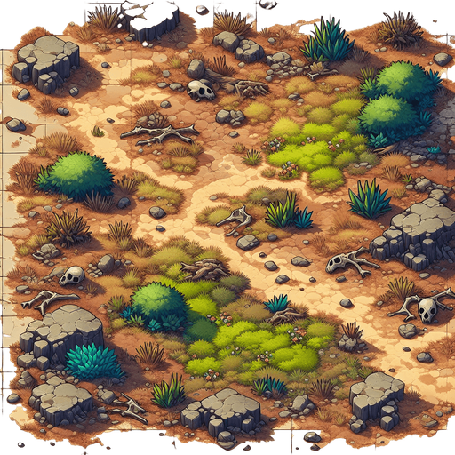 In a wasteland, there are some green plants and some animal bones around..
Single Game Texture. In-Game asset. 2d. Blank background. High contrast. No shadows.
