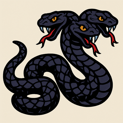 3 başı olan koyu renkli pullu bir yılan.
In-Game asset.  2d.  High contrast.  No shadows