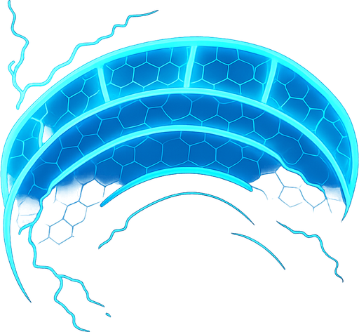 A hologram shield in crescent shape, powered by electricity, blue and cyan colors, bright. No background. Transparent background. Blank background. No shadows. 2d. In-Game asset. flat