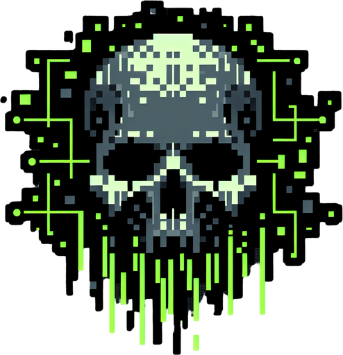 A pixelated skull with green digital "code streams" dripping down, symbolizing a destructive digital attack.
Neon green and dark gray..
Single Game Texture. In-Game asset. 2d. Blank background. High contrast. No shadows.