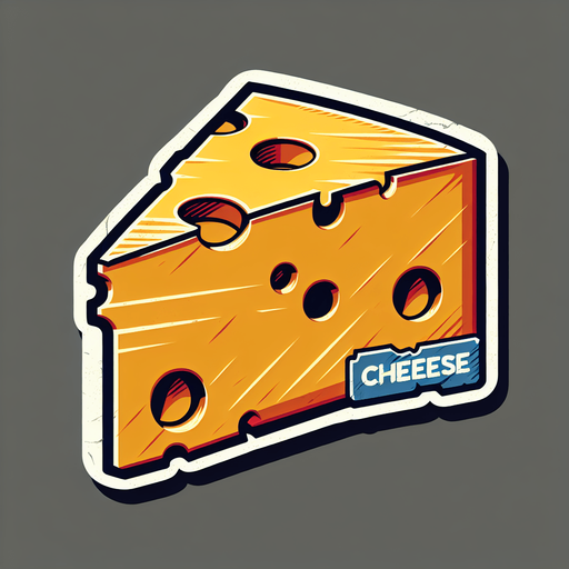 Worn out sticker for a video game, 90s style, cheese, simple, vintage.
Single Game Texture. In-Game asset. 2d. Blank background. High contrast. No shadows.