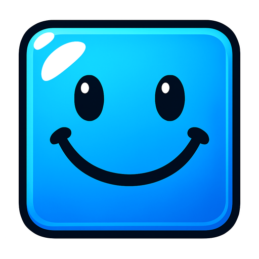 Can you draw a smiling face with rounded edges, square blue and shiny effect?.
In-Game asset.  2d.  High contrast.  No shadows