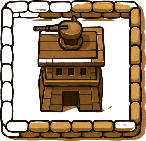 Top view of an small defense Military tower Brown in the desert, the image has a square border outlined by military defense sandbags.
In-Game asset.  2d.  High contrast.  No shadows