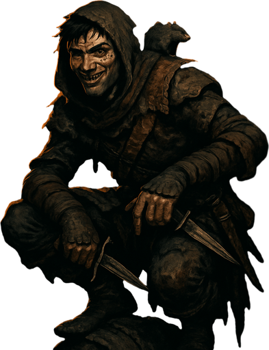 "A cunning rogue cloaked in patchwork leathers and city grime, perched on a broken statue. Male, 26 years old, wiry and agile, with messy black hair, sly green eyes, a scar over his nose, and olive-toned skin. A rat sits on his shoulder. Dual daggers at his side, a grin revealing a gold tooth. The background is a shadowy alley lit by torchlight. Realistic, highly detailed, dark urban medieval style. realistic.
In-Game asset.  2d.  High contrast.  No shadows