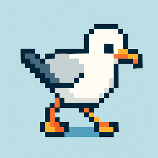 seagull, pixelart, walking down.
In-Game asset.  2d.  High contrast.  No shadows