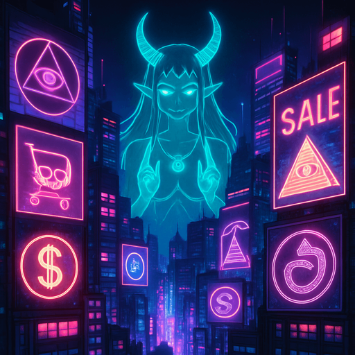 cyberpunk neon anime metropolis skyline holograms billboards, occult-capitalism-consumerism imagery nighttime futuristic architecture glow