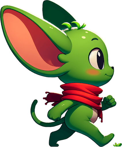 Profile view of a mischievous little green grinch with a red scarf, big ears but no tail. Walking in the right direction. no background . no floor. In-Game asset. 2d. Blank background. High contrast. No shadows.