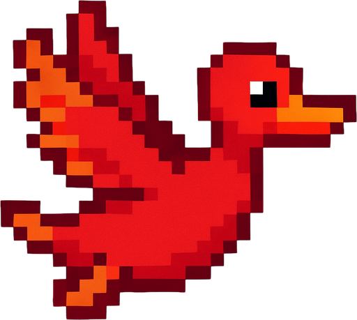 pixart red duck flying.
In-Game asset.  2d.  High contrast.  No shadows