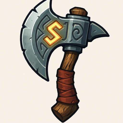 A stylized fantasy axe with a broad, curved blade and intricate engravings. The handle is wrapped in worn leather, and the metal has a slightly weathered look, giving it a battle-worn feel. The design is bold and exaggerated, suitable for an orc warrior, with a glowing rune etched into the blade. The style is high-fantasy with clean lines, vibrant highlights, and a dramatic shadow for depth. Perfect for 2D game assets or concept art..
In-Game asset.  2d.  High contrast.  No shadows