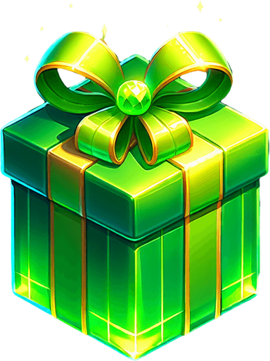 Christmas gift beautifully wrapped in green glowing wrapping paper Single Game Texture. In-Game asset. 2d. Blank background. High contrast. No shadows.