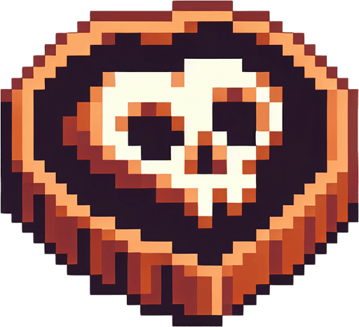 isometric doubloon copper coin icon featuring a skull. shaped like a heart. pirate themed. pixelated. 8 bit..
Single Game Texture. In-Game asset. 2d. Blank background. High contrast. No shadows.