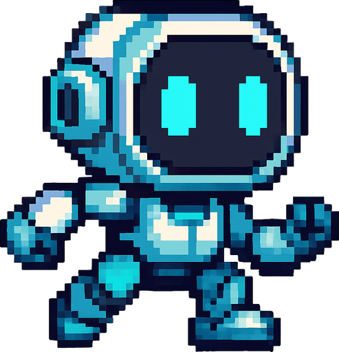 Crea un personaje que sea un robot pequeño y amigable.
Diseño estilo futurista pero tierno, como un asistente robótico.
Que parezca ágil y listo para esquivar bombas.
Estilo píxel art. Fondo transparente..
In-Game asset.  2d.  High contrast.  No shadows