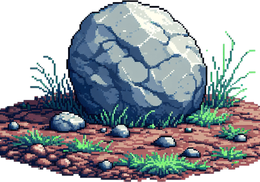 Pixel art boulder with dirt and blades of grass around the bottom. No ground or background.
Single Game Texture. In-Game asset. 2d. Blank background. High contrast. No shadows.