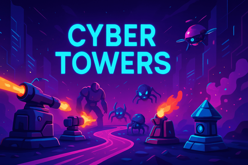 Fullscreen modern App Store landscape banner, 16:9, high definition, HD colors. for a future game of tower defense with cyberpunk and abstract style titled "Cyber Towers" without description "Defend the exit way in final path from different enemies Robots, cyborgs, cyber robot snakes, cyber spiders, flying cyber robots, by placing towers each tower have different weapon then the others, cannon, rifle, flame, rocket, gum bomb, toxin bomb. don't let them pass through the path!". with text on the middle of the banner "Cyber Towers"!