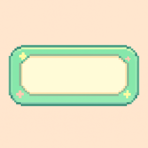 A horizontally-oriented pixel art score frame designed for a cute 2D retro game.
The frame is meant to be placed at the top center of the screen during gameplay.
It has a soft pastel green or cream background with a rounded rectangular shape.
The inside of the frame is filled with a solid light color (not transparent), ready for number assets to be placed on top.
The border is subtle and cute, with minimal decorative details like tiny sparkles or stars to match the playful and colorful retro game aesthetic..
In-Game asset.  2d.  High contrast.  No shadows. pixel art. side view. cute. pastel colors. soft edges. retro ui. video game hud. minimal