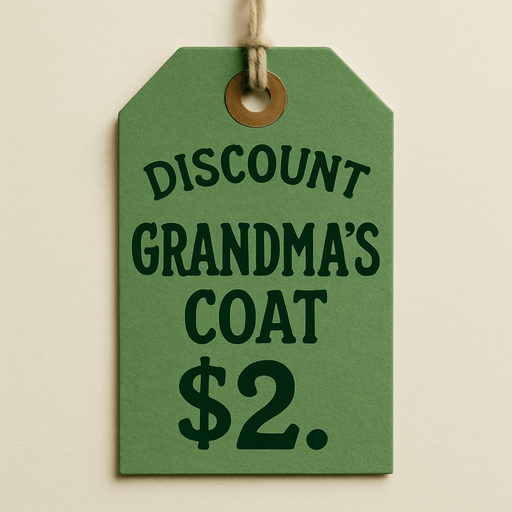 green price tag that says discount grandma's coat $2.