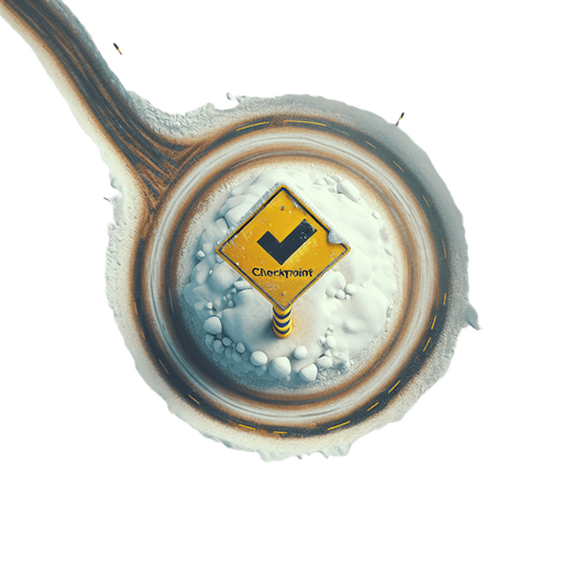 Photorealistic Yellow Checkpoint rally roadsignal covered by snow, drone view.