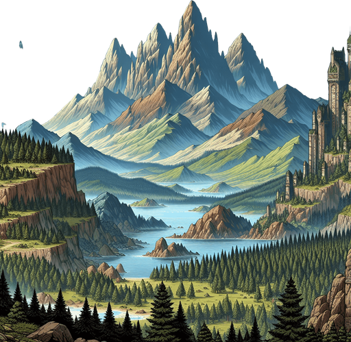 A background illstration for a game, rich in style, medieval fantasy themed, of a landscape seen from a great distance, like froma mountain ridge with mountains and forests and lakes and lots of features..
Single Game Texture. In-Game asset. 2d. Blank background. High contrast. No shadows.