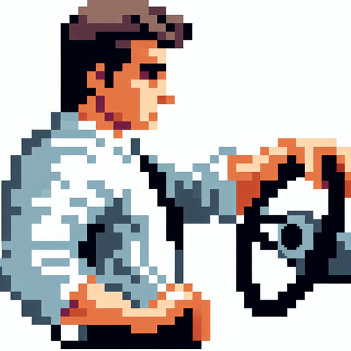cool looking driver leaned back and holding a car wheel as if he's driving. 30 years old. vintage retro 1980 style. 3/4 view. pixelated. 8 bit. Single Game Texture. In-Game asset. 2d. Blank background. High contrast. No shadows.